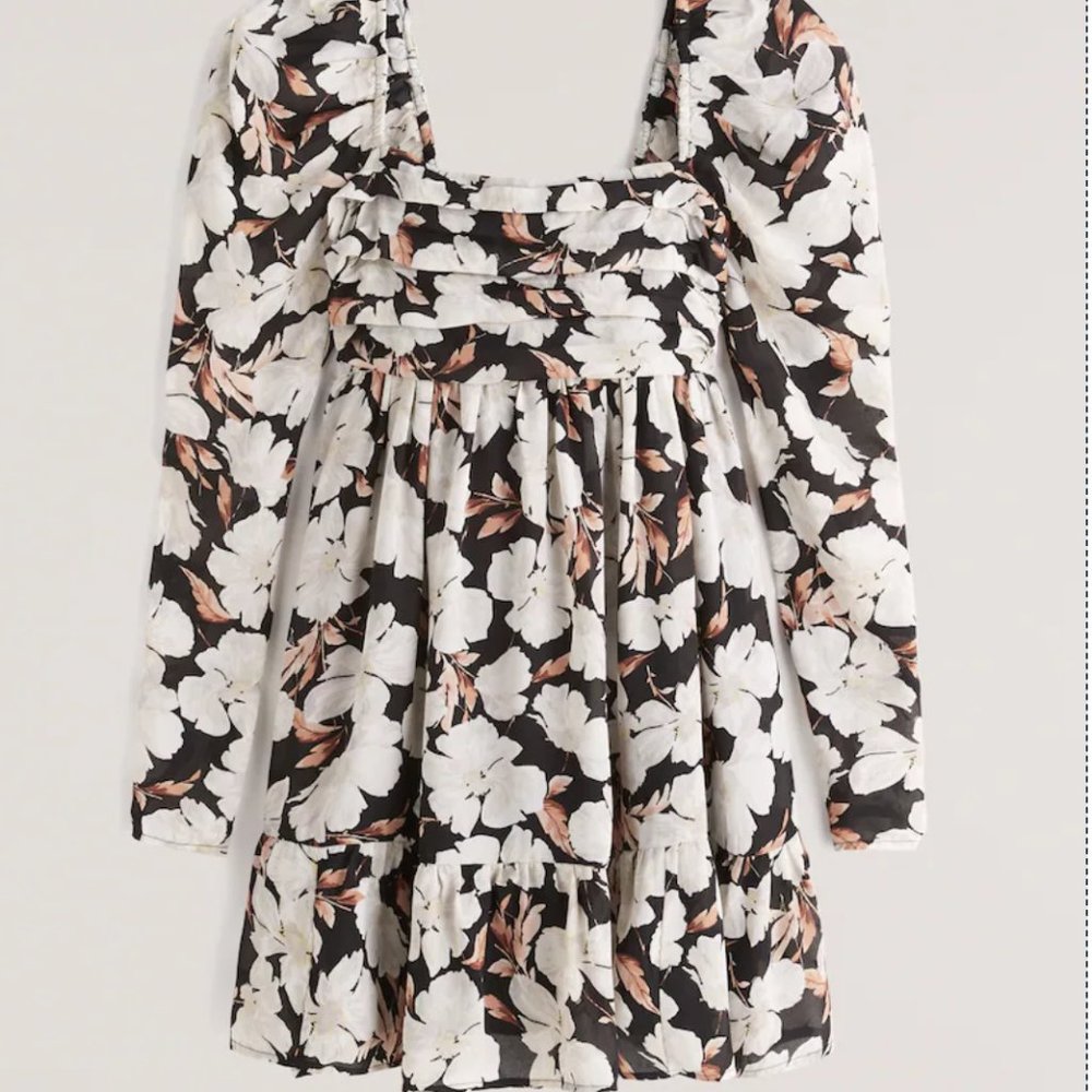 Abercrombie & Fitch Long-Sleeve Ruched Mini Dress - Black Floral - Size: Medium